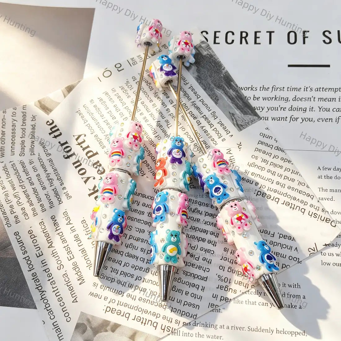 colorful cartoon bear beadable pens with white resin and tiny rhinestones for diy handmade craft stationery wholesale