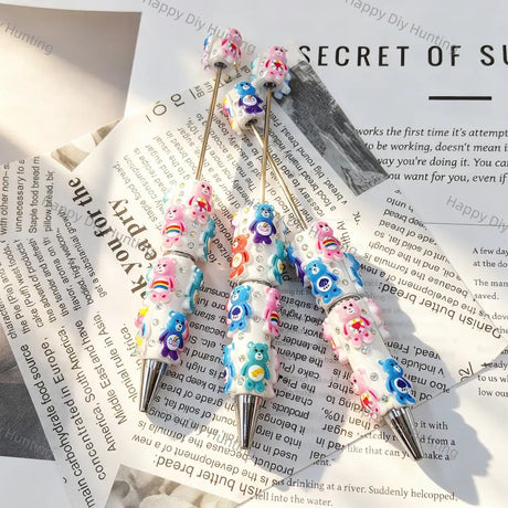 colorful cartoon bear beadable pens with white resin and tiny rhinestones for diy handmade craft stationery wholesale