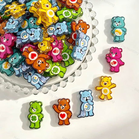 Acrylic focal beads featuring colorful cute rainbow bear designs in mixed bright colors. Vibrant, durable, and smooth, perfect for beadable pens, keychains, and handmade crafts.