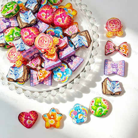 Acrylic focal beads featuring a colorful rainbow bear print design. Lightweight, colorful, and durable, perfect for beadable pens, keychains, and handmade crafts.