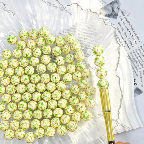 Cream Base Green Leaf White Daisy Printed Round Silicone Beads for diy handmade stationery crafts wholesale