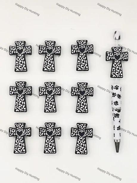 Handmade Beadable Pen with Black Cross Silicone Beads