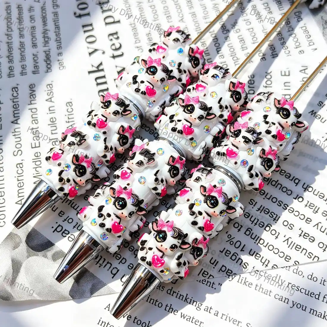 cute black spotted cow beadable pens with white resin and tiny rhinestones for diy handmade craft stationery wholesale