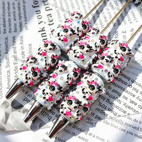 cute black spotted cow beadable pens with white resin and tiny rhinestones for diy handmade craft stationery wholesale