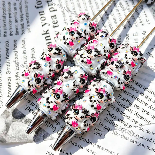 cute black spotted cow beadable pens with white resin and tiny rhinestones for diy handmade craft stationery wholesale