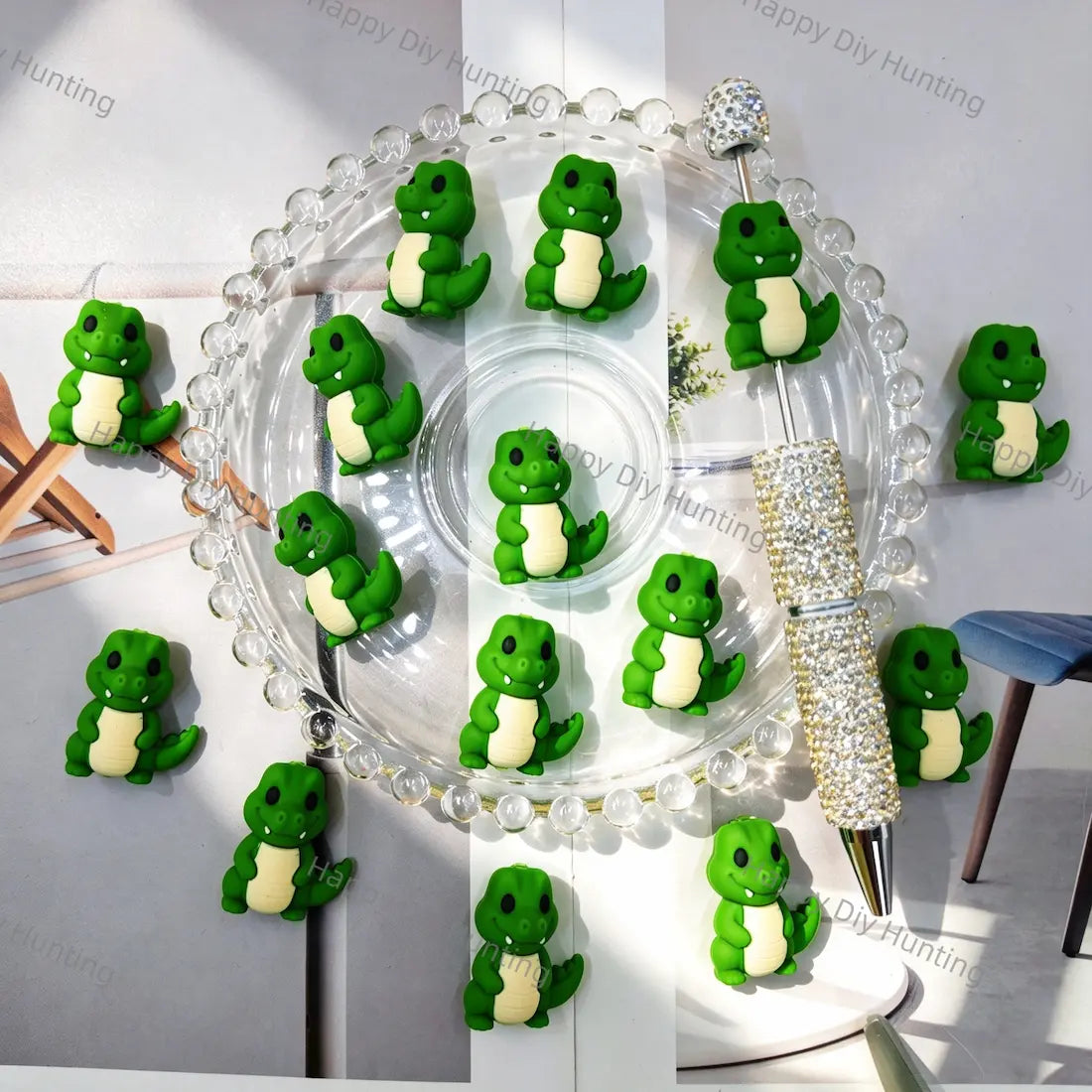 cute cartoon 3d green crocodile silicone focal beads for diy beadable pen craft wholesale