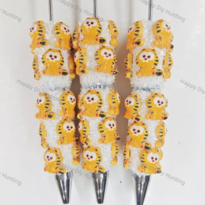 Cute Orange Striped Chubby Cartoon Cat Printed Beadable Pens Wholesale, Matches All Focal Beads & Pen Toppers