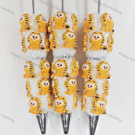 Cute Orange Striped Chubby Cartoon Cat Printed Beadable Pens Wholesale, Matches All Focal Beads & Pen Toppers