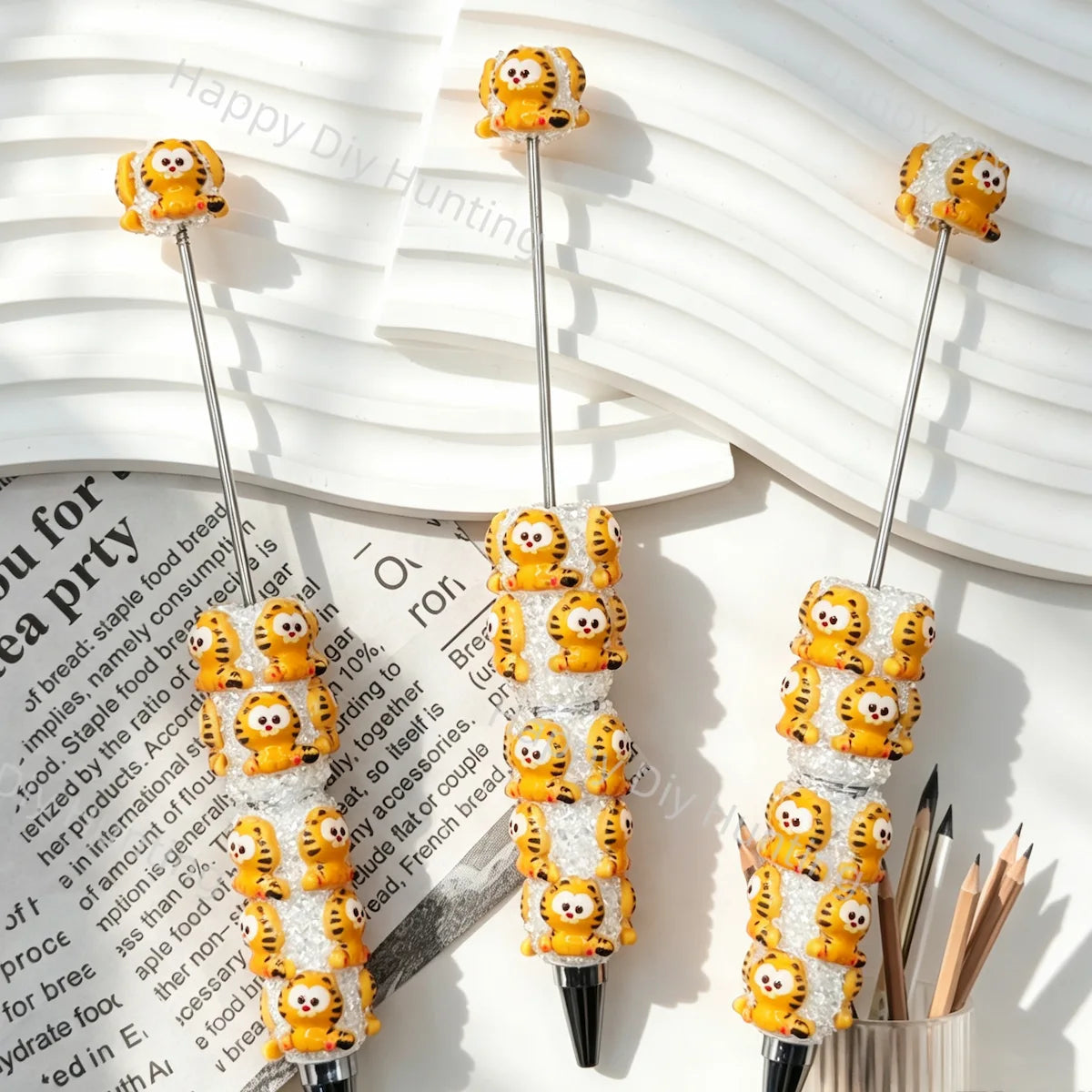 Cute Orange Striped Chubby Cartoon Cat Printed Beadable Pens Wholesale, Matches All Focal Beads & Pen Toppers1