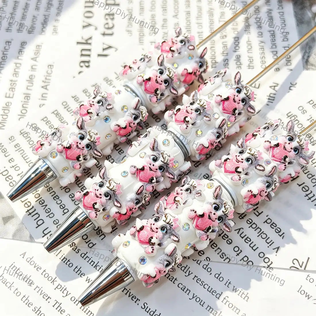 cute pink cheek cow beadable pens with white resin and tiny rhinestones for diy handmade craft stationery wholesale