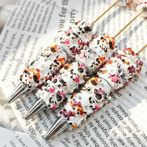 cute spotted cow beadable pens with white resin and tiny rhinestones for diy handmade craft stationery wholesale