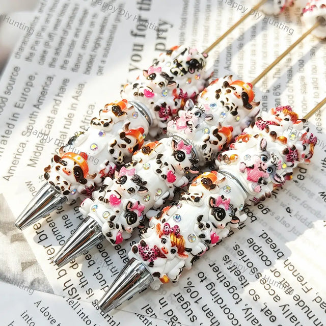 cute spotted cow beadable pens with white resin and tiny rhinestones for diy handmade craft stationery wholesale