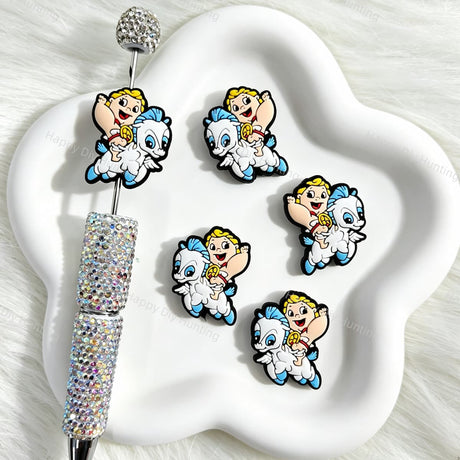 Silicone focal beads featuring a cute baby hero riding a winged horse cartoon design. Soft, durable, and flexible, perfect for beadable pens, keychains, and handmade crafts.