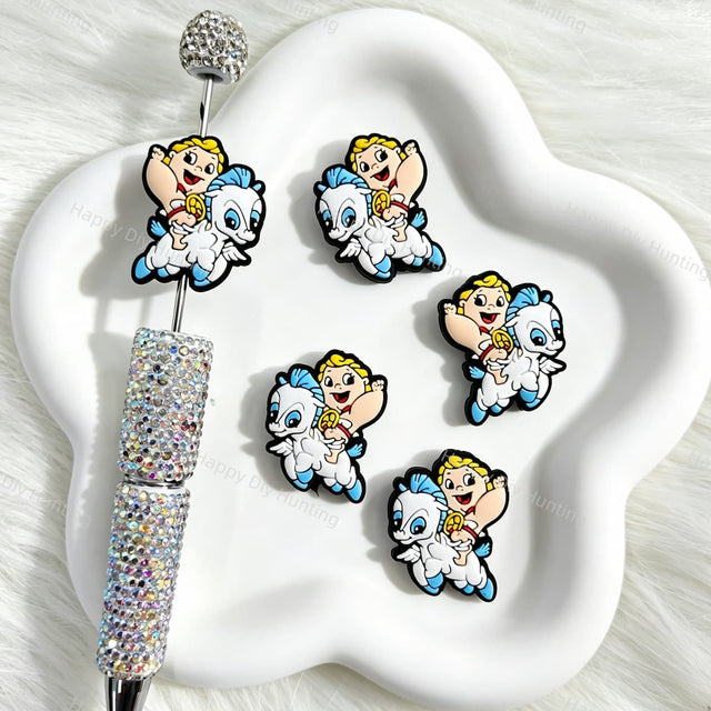 Silicone focal beads featuring a cute baby hero riding a winged horse cartoon design. Soft, durable, and flexible, perfect for beadable pens, keychains, and handmade crafts.