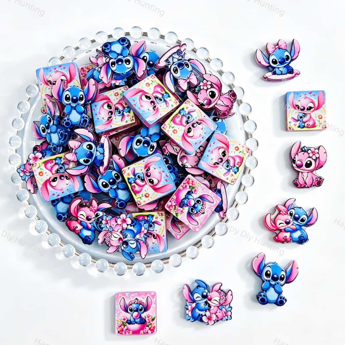 Acrylic focal beads featuring a cute blue and pink cartoon alien design. Vibrant, durable, and smooth, perfect for beadable pens, keychains, and handmade crafts.