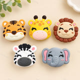 	Flat lay of five cute safari animal silicone focal beads. Designs include a tiger, giraffe, lion, zebra, and elephant, all with closed eyes and sweet smiles. Soft, durable, and perfect for beadable pens, keychains, and handmade crafts.