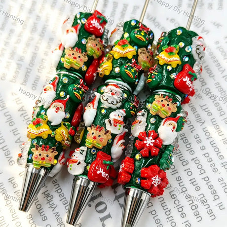 dark green 3d mixed christmas mini figure beadable pens with rhinestone accents for diy handmade holiday stationery crafts wholesale