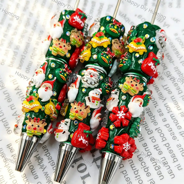 dark green 3d mixed christmas mini figure beadable pens with rhinestone accents for diy handmade holiday stationery crafts wholesale
