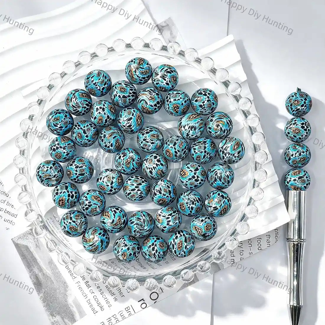 Dark base teal blue leopard spot swirl mixed full print round silicone beads for diy handmade beadable pens wholesale craft accessories
