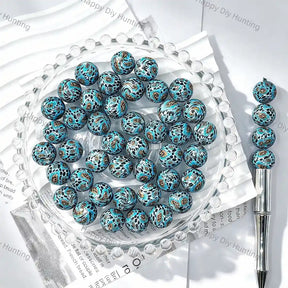 Dark base teal blue leopard spot swirl mixed full print round silicone beads for diy handmade beadable pens wholesale craft accessories