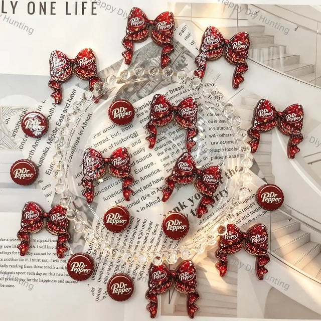deep red bow and round soda label graphic acrylic focal beads for diy beadable pen craft wholesale