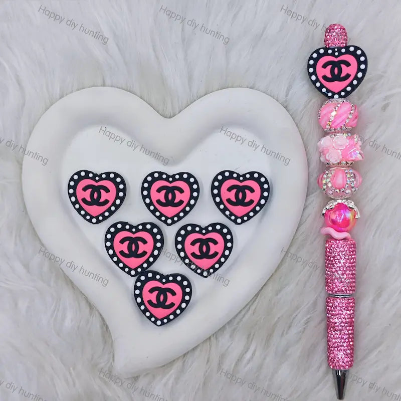 Black Pink Heart Interlocking CC Silicone Focal Beads For DIY Beadable Pens