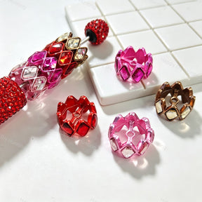 Diamond rhinestone metal bead caps and spacer findings designed to fit 20mm beads. Sturdy, shiny, and glamorous, perfect for beadable pens, keychains, and handmade crafts.