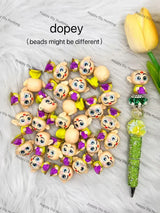 Adorable Dopey figurine bead pen, champagne rhinestone pen barrel, round pearl and crystal focal beads, handmade bling decorative beadable pen bulk supply
