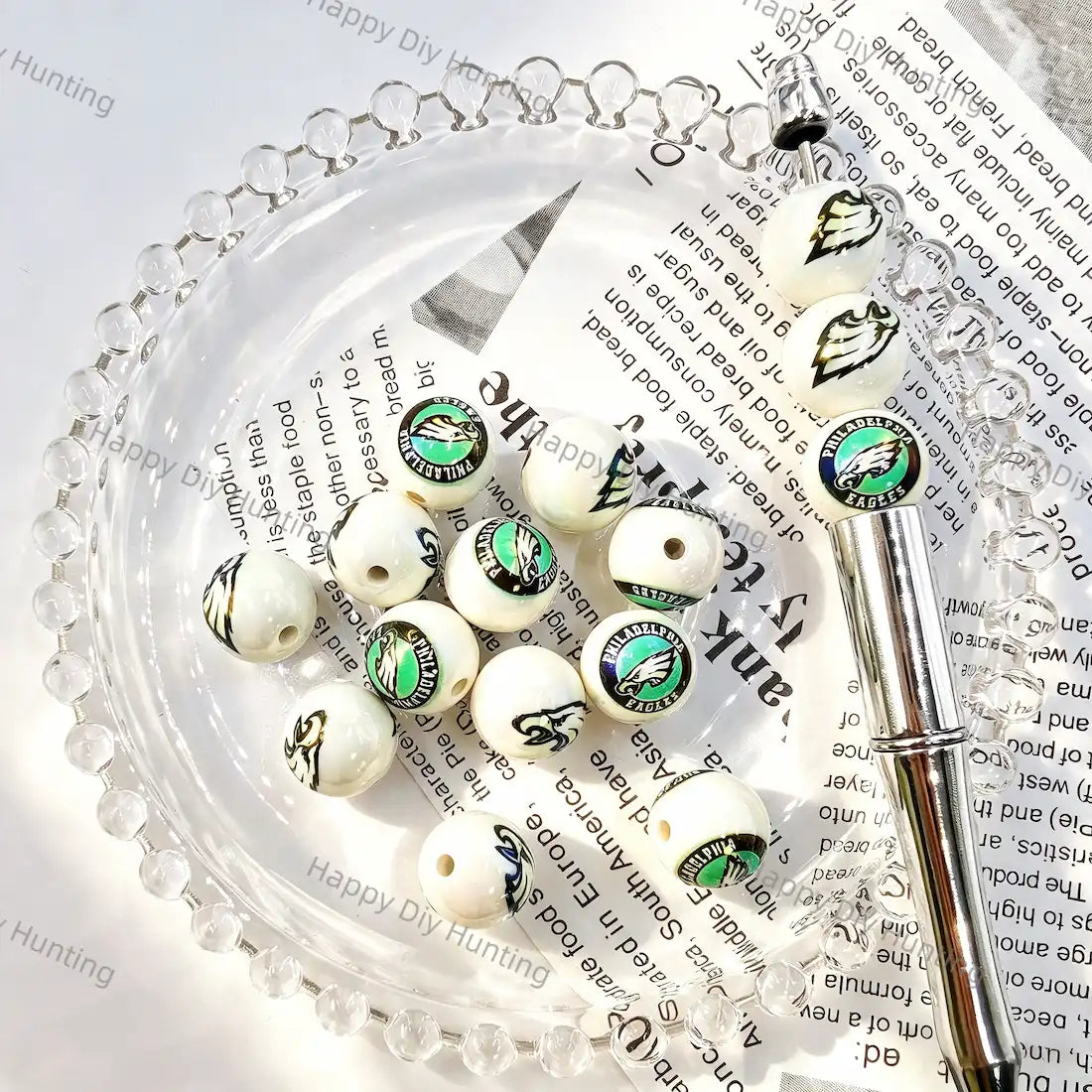 Pearlescent White Eagle Football Graphic Print Large Hole Acrylic Beads For DIY Beadable Pen Craft Wholesale