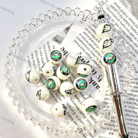 Pearlescent White Eagle Football Graphic Print Large Hole Acrylic Beads For DIY Beadable Pen Craft Wholesale