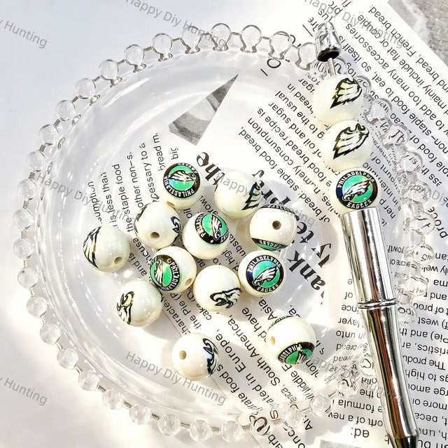 Pearlescent White Eagle Football Graphic Print Large Hole Acrylic Beads For DIY Beadable Pen Craft Wholesale