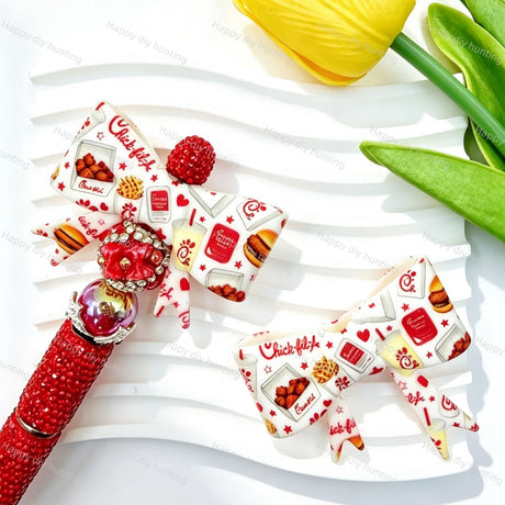 Fast food print silicone bow beads, large‑hole food‑grade silicone charms for DIY beadable pen craft
