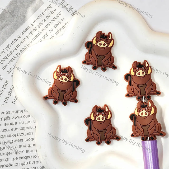 flat cartoon brown warthog silicone focal beads with cream tusks for diy beadable pen handmade craft wholesale