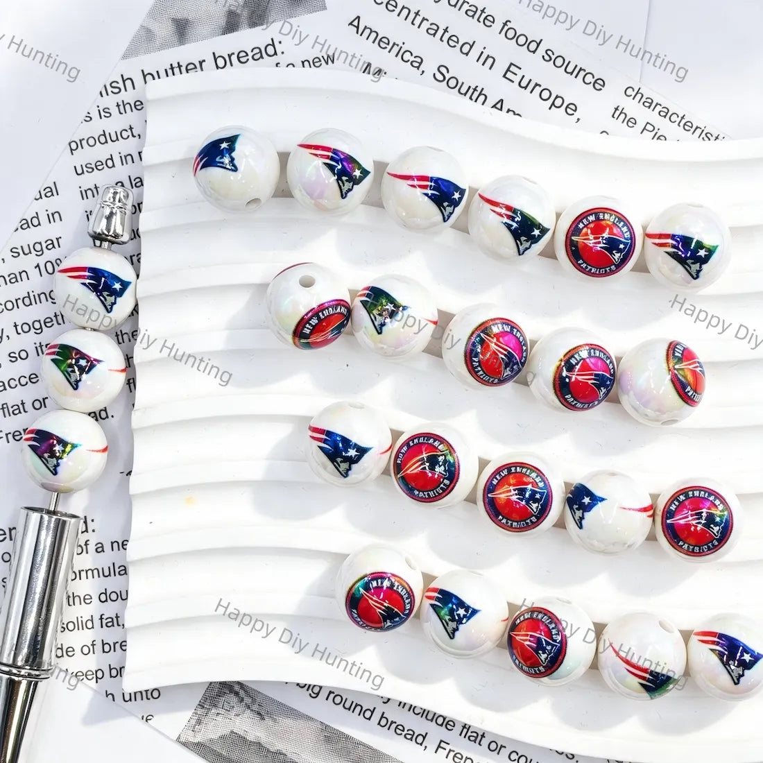 Iridescent White Football Fan Logo Print Large Hole Acrylic Beads For DIY Beadable Pen Craft Wholesale