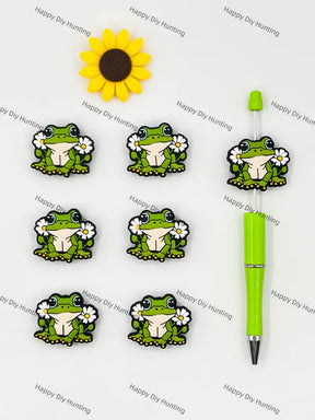 Handmade Beadable Pen with Frog With Flower Silicone Beads