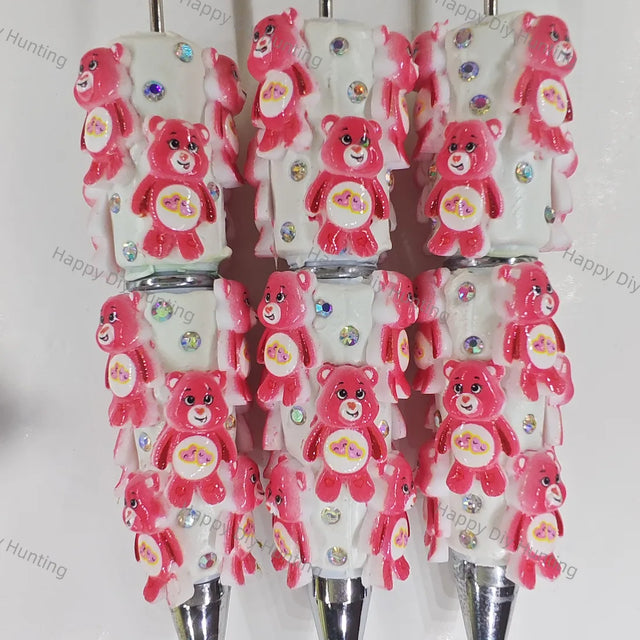 pre‑assembled fuchsia stacked 3D heart‑belly bear figurine beadable pens with glitter base and embedded sparkling rhinestones bulk sweet themed craft ballpoint pens