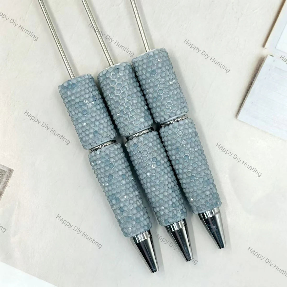Full wrap champagne crystal rhinestone beadable pens with long steel pin and silver metal tip, bling pen bodies for DIY handmade custom beaded craft pens