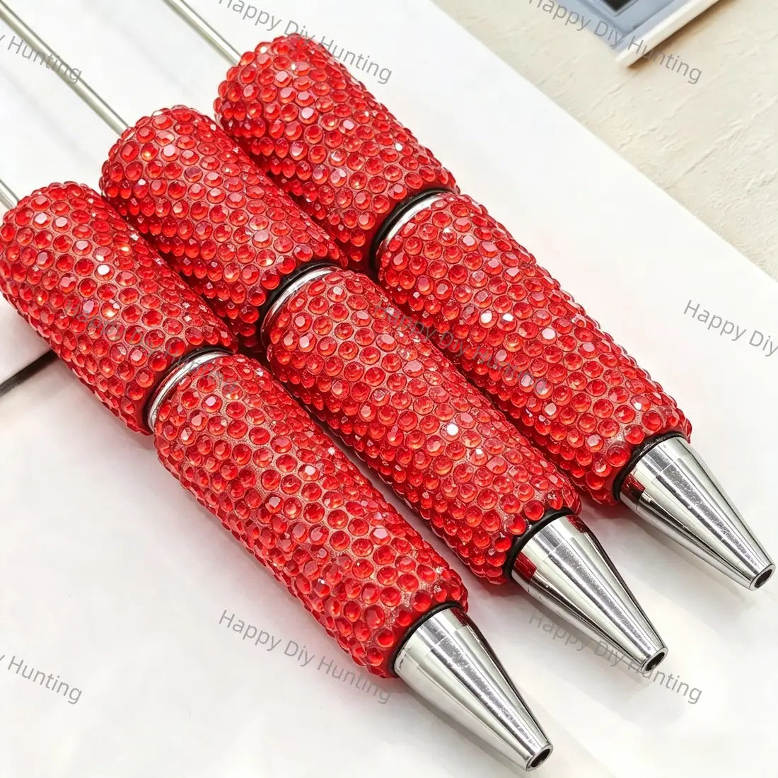 Full wrap champagne crystal rhinestone beadable pens with long steel pin and silver metal tip, bling pen bodies for DIY handmade custom beaded craft pens