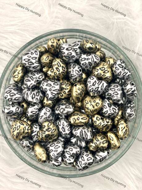 Gold and Sliver Leopard Print Heart Shape Acrylic Beads