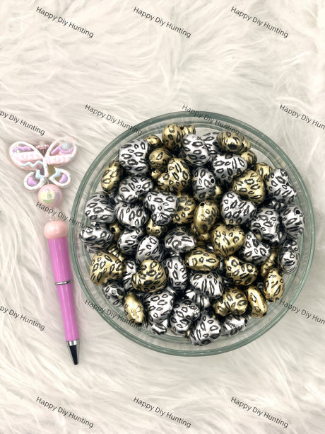 Gold and Sliver Leopard Print Heart Shape Acrylic Beads