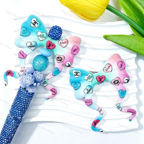 Gradient heart print silicone bow beads, large‑hole food‑grade silicone charms for DIY beadable pen craft