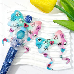 Gradient heart print silicone bow beads, large‑hole food‑grade silicone charms for DIY beadable pen craft