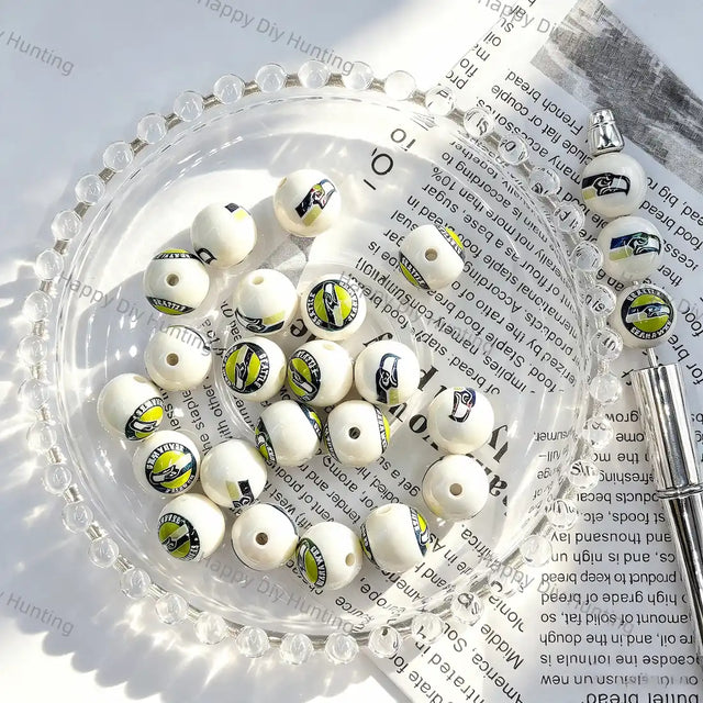 Glossy Milky White Green Blue Bird Head Football Graphic Print Large Hole Acrylic Beads For DIY Beadable Pen Craft Wholesale