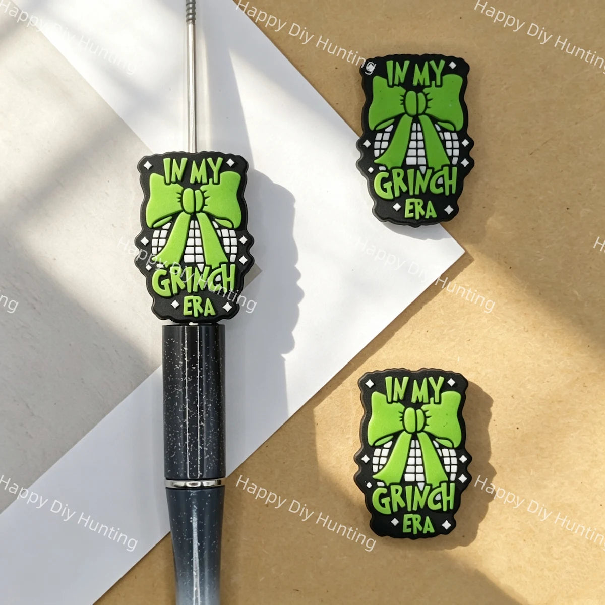 Green Bow Holiday Text Print Silicone Focal Beads for DIY Beadable Pens