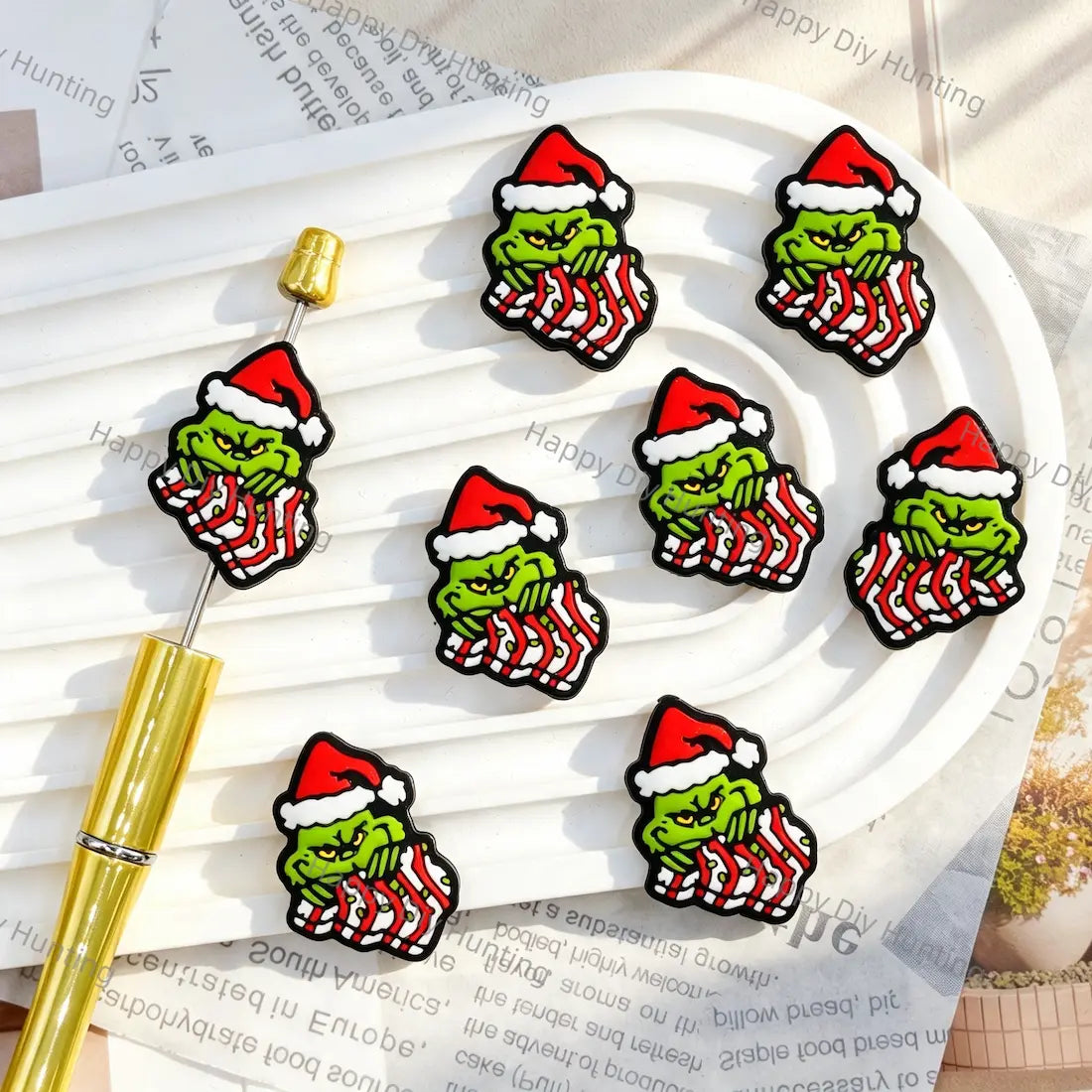 green christmas monster with santa hat silicone focal beads for diy beadable pen handmade holiday craft wholesale