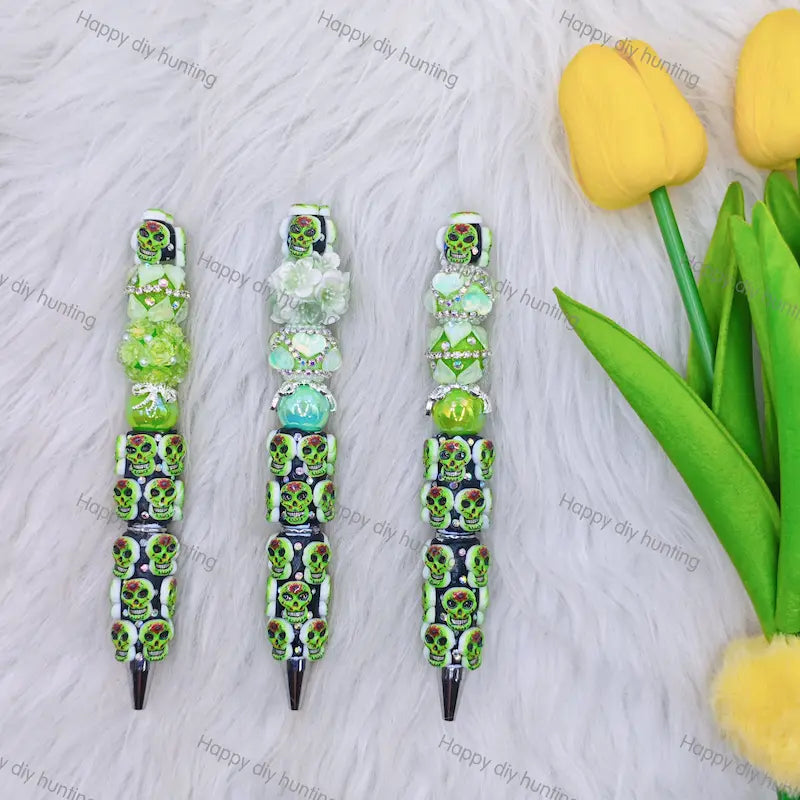 Green Floral Sugar Skull Beadable Pens Wholesale, Beadable Pens Supplies