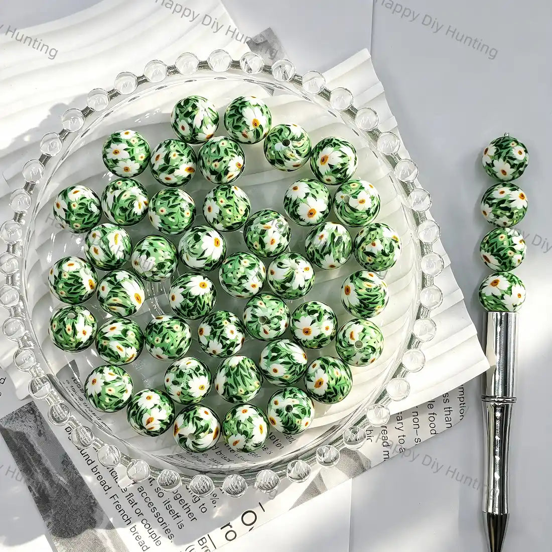 Green leaf base full white daisy floral print round silicone beads for diy handmade beadable pens wholesale craft accessories