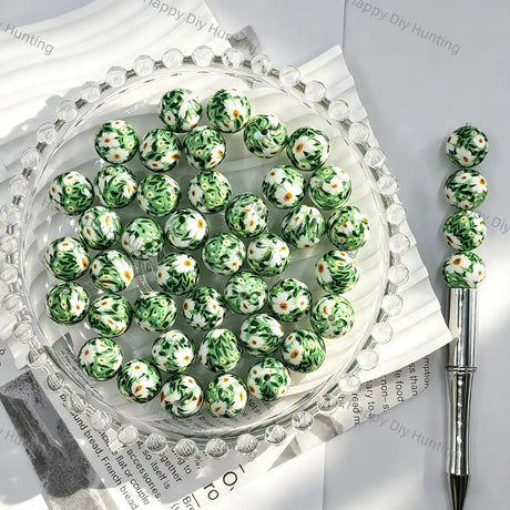 Green leaf base full white daisy floral print round silicone beads for diy handmade beadable pens wholesale craft accessories
