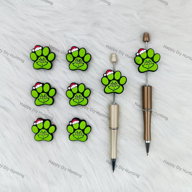 Grinch-themed Christmas Dog's Paw Silicone Focal Beads Wholesale, silicone focal beads for pens