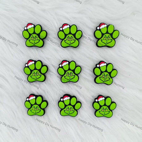 Grinch-themed Christmas Dog's Paw Silicone Focal Beads Wholesale, silicone focal beads for pens
